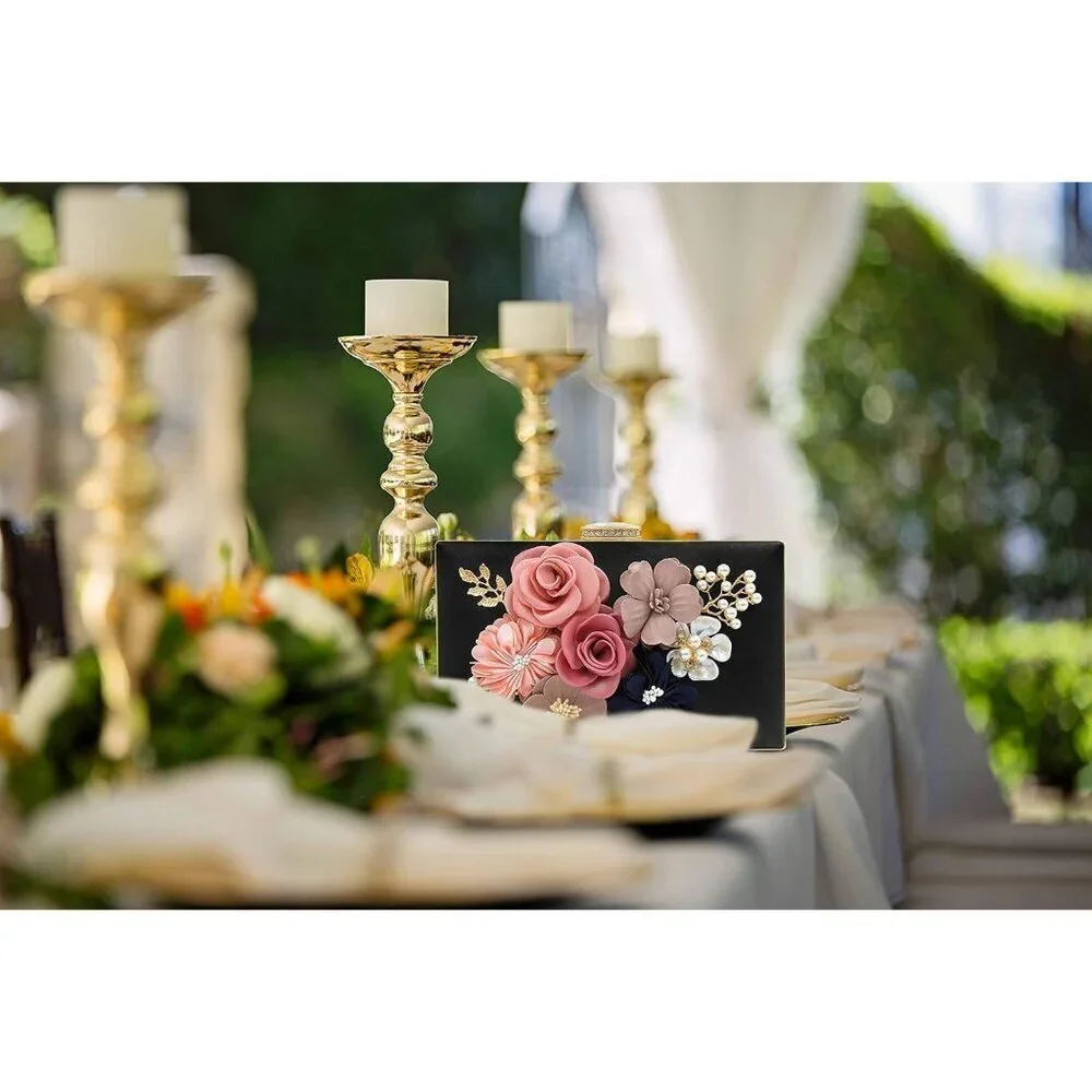 Women's Flower Evening Clutch Purse Floral Satin Leather Wedding Party Bag